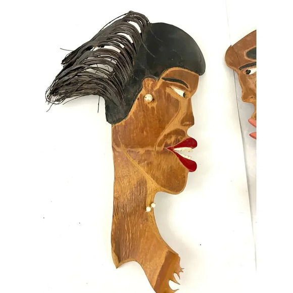 VTG Lot of 4 African Hand Carved Wood Head Profile Faces Wall Art Plaque Unique - Picture 5 of 15